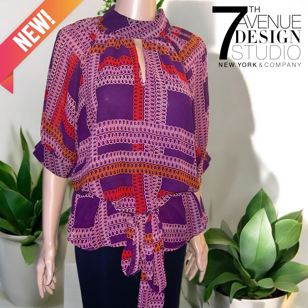 New York & Company Printed Dolman-Sleeve Keyhole Neck Waist Tie Blouse - Picture 15 of 15